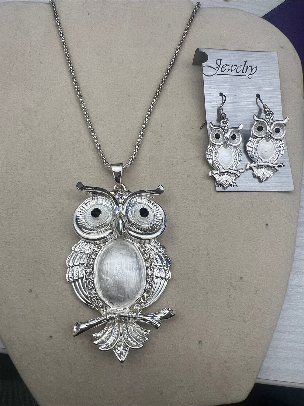 Ara Silver Owl Pendant Necklace and Earrings Set